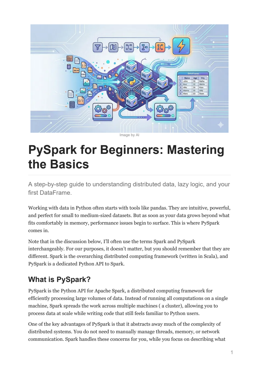 First page of PySpark for Beginners: Mastering the Basics